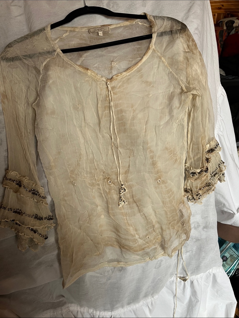 Light Cream Sheer Boho Tunic with Ruffle Sleeves 20”PTP
